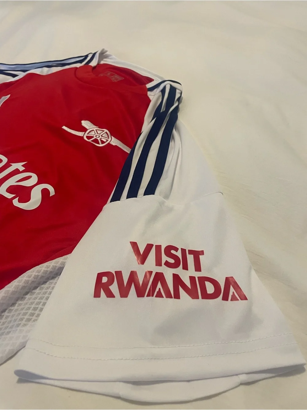 Adidas Red and White Arsenal Football Jersey with navy accents.